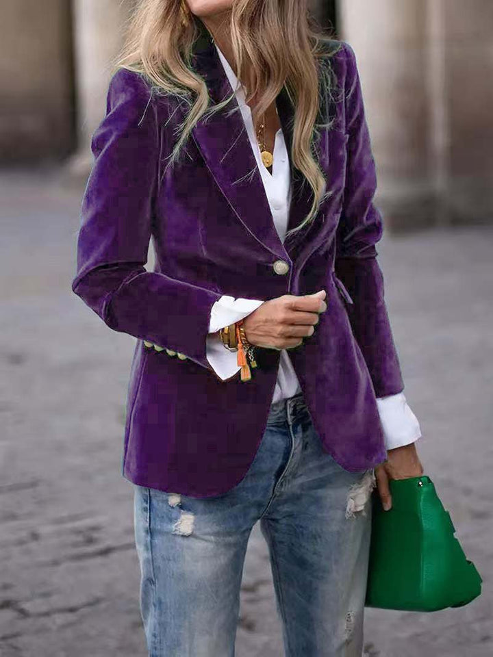 Damer Elegant Fløjl Blazer med Skræddersyet Pasform og Guld Knapper Stilla