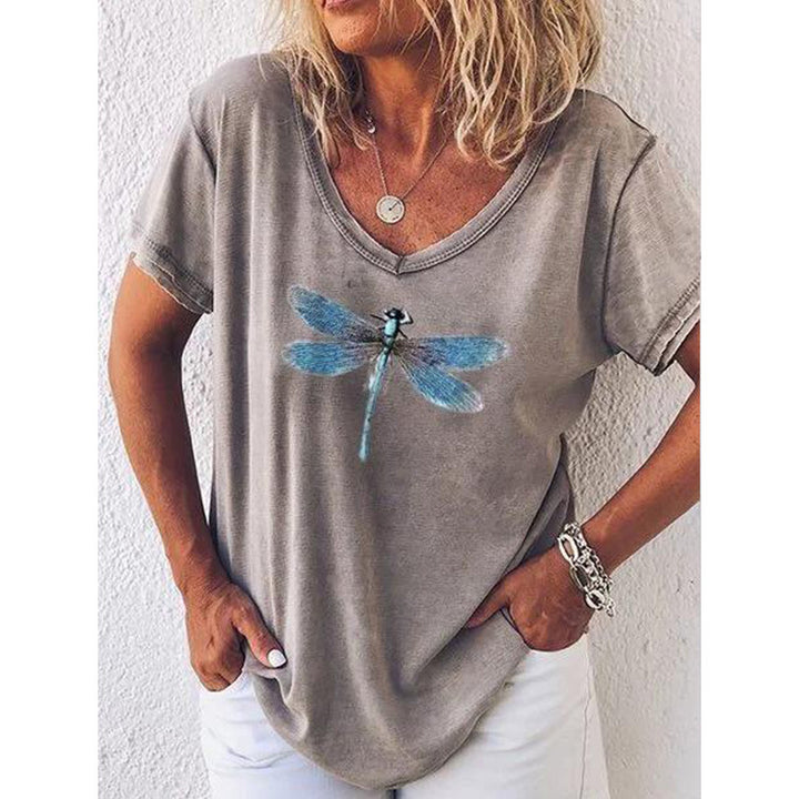 Damer V-hals grafik T-shirt med libelle-design Stilla