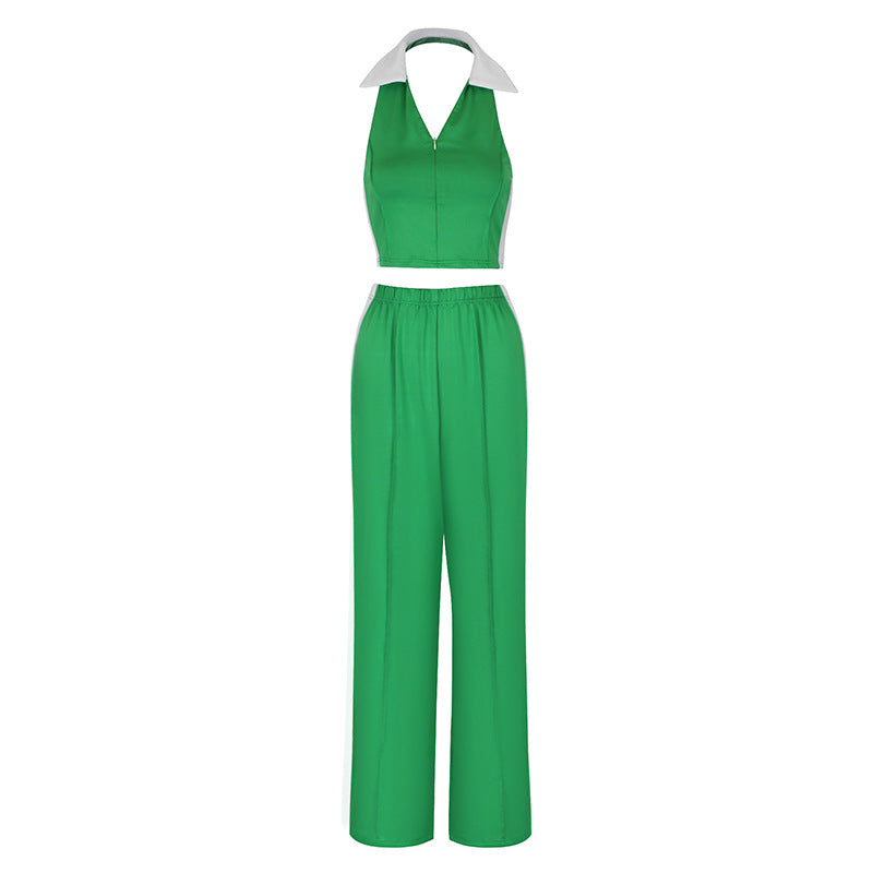 Dame To-delt Sæt med cropped Top og vidt snittet Bukser Skovae