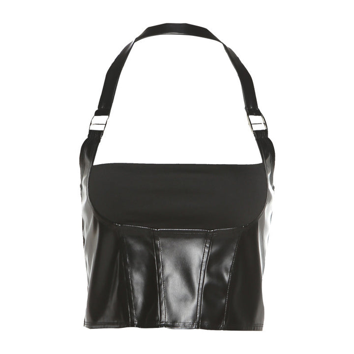 Dame læderlook crop-top med innovativt halterdesign Stilla