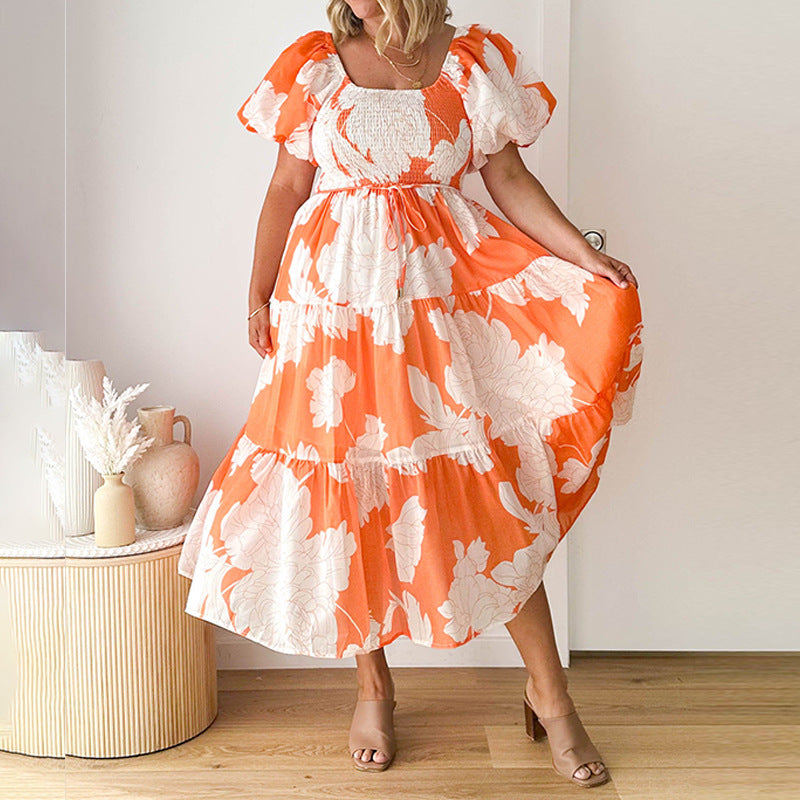 Dame Maxi Kjole med voluminøse pufærmer og blomsterdesign Stilla