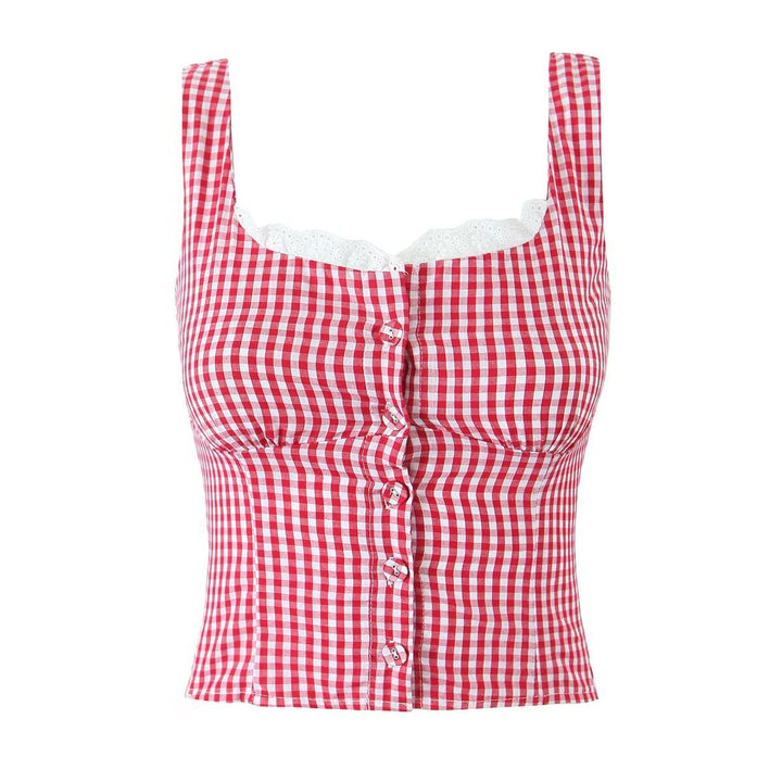 Dame ternet mønster crop-top med spidsbesætning og knapbare design Stilla