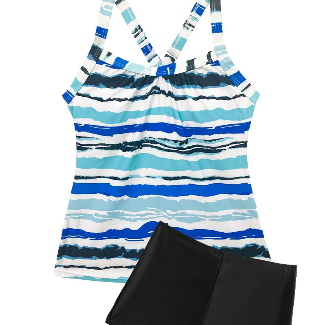 Dame Sporty Tankini-sæt med stribet top og shorts-agtig bund Stilla