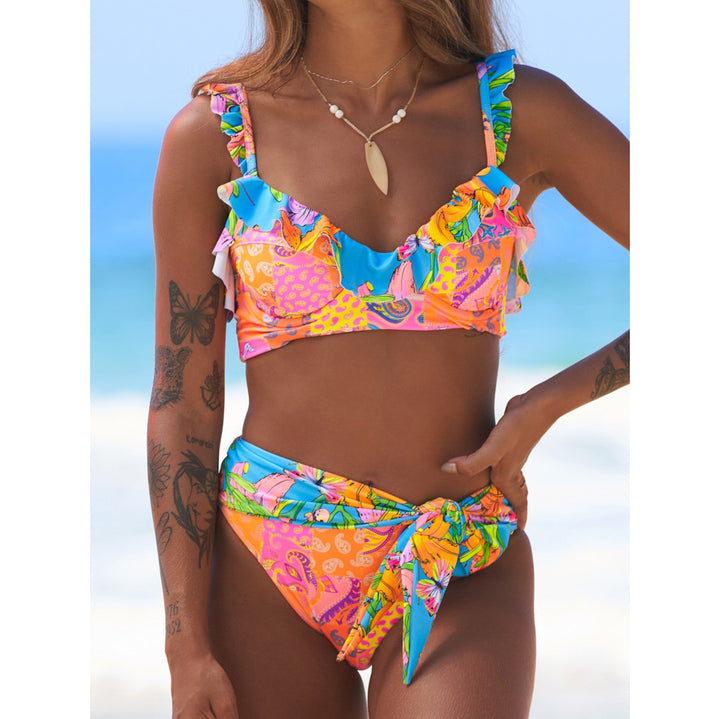Dame bikini-sæt med livligt flæse-design og elegant knude Stilla