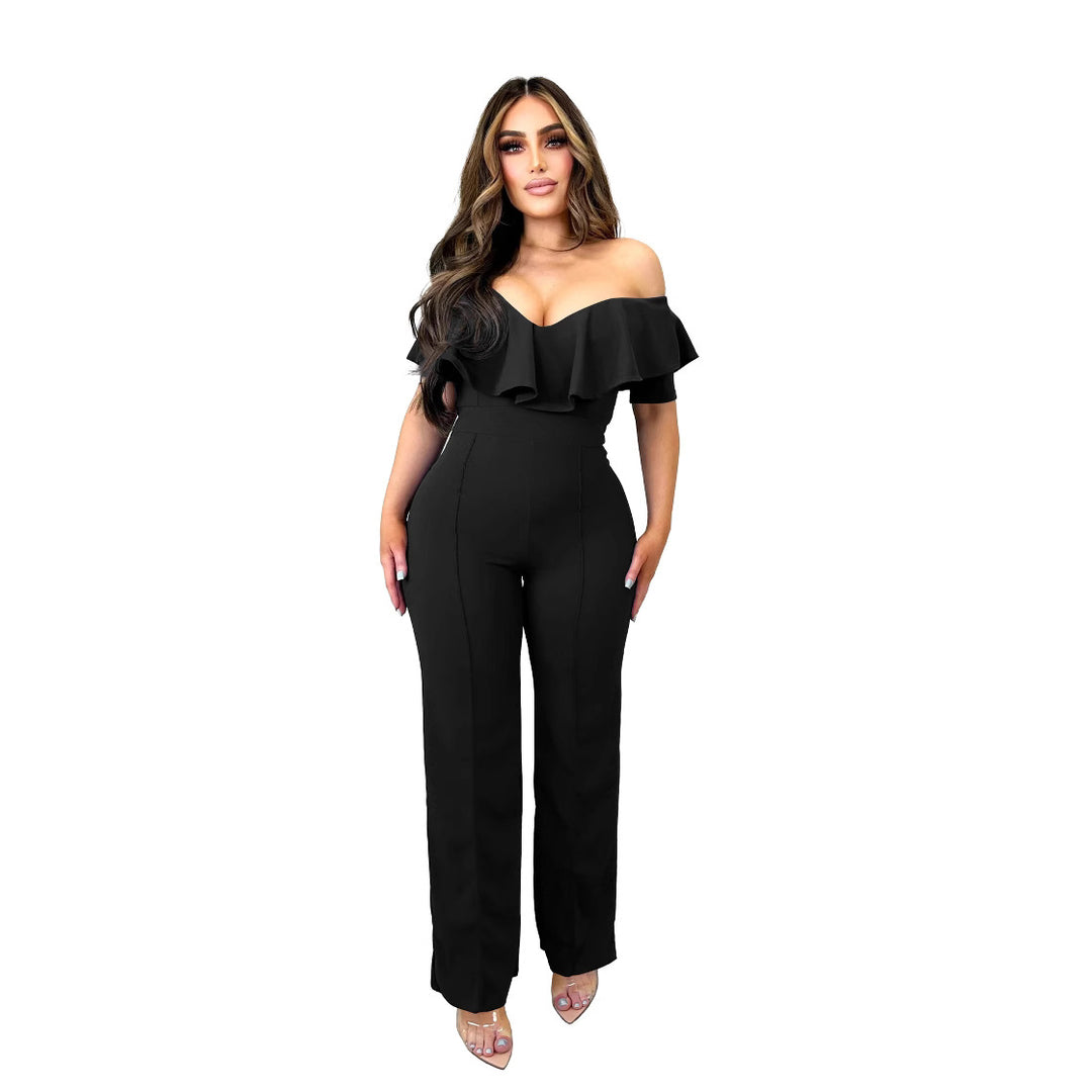 Dame Off-Shoulder Jumpsuit med voluminøst flæsedetalje og figursyngende snit Stilla
