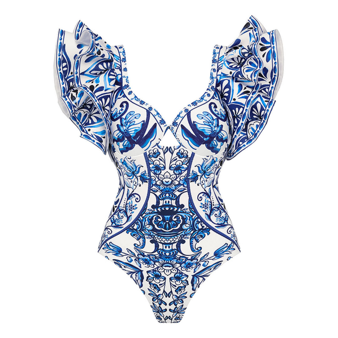 Damer Ét-Delet Badedragt med floral ornamentdesign og voluminøse flæsedetaljer Stilla
