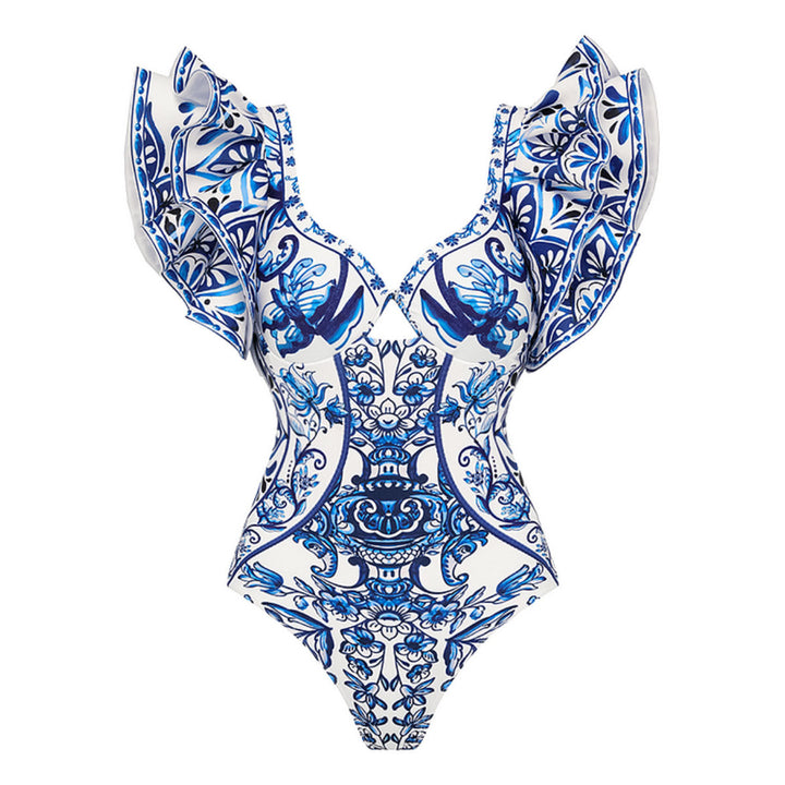 Damer Ét-Delet Badedragt med floral ornamentdesign og voluminøse flæsedetaljer Stilla