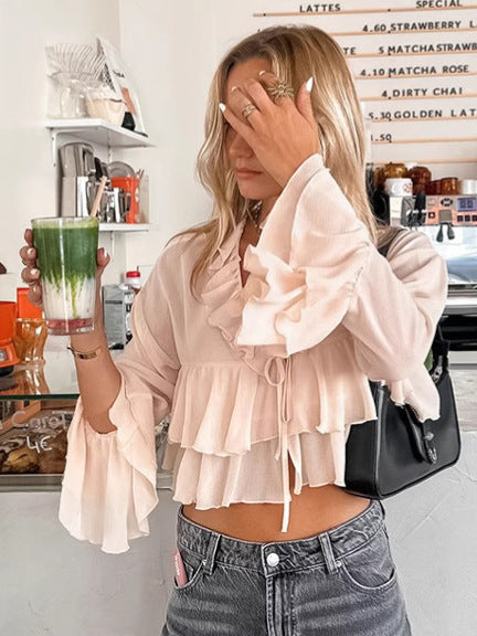 Dame Chiffon Bluse med ruffles detaljer og smart snoretræk Stilla