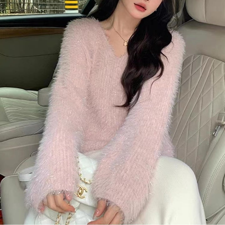 Femme V-hals Strukturstrik Pullover Sweater Stilla
