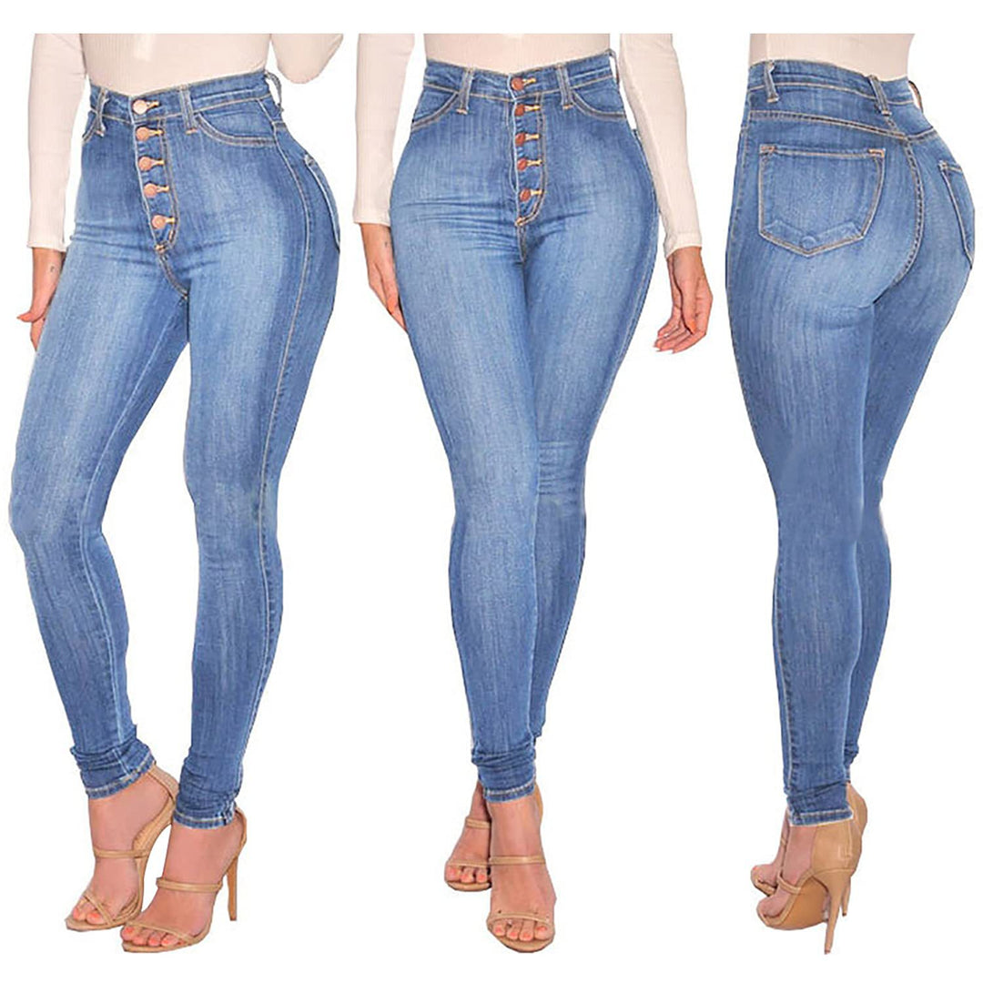 Dame High-Waist Skinny Jeans med dekorativ knaplukning Stilla