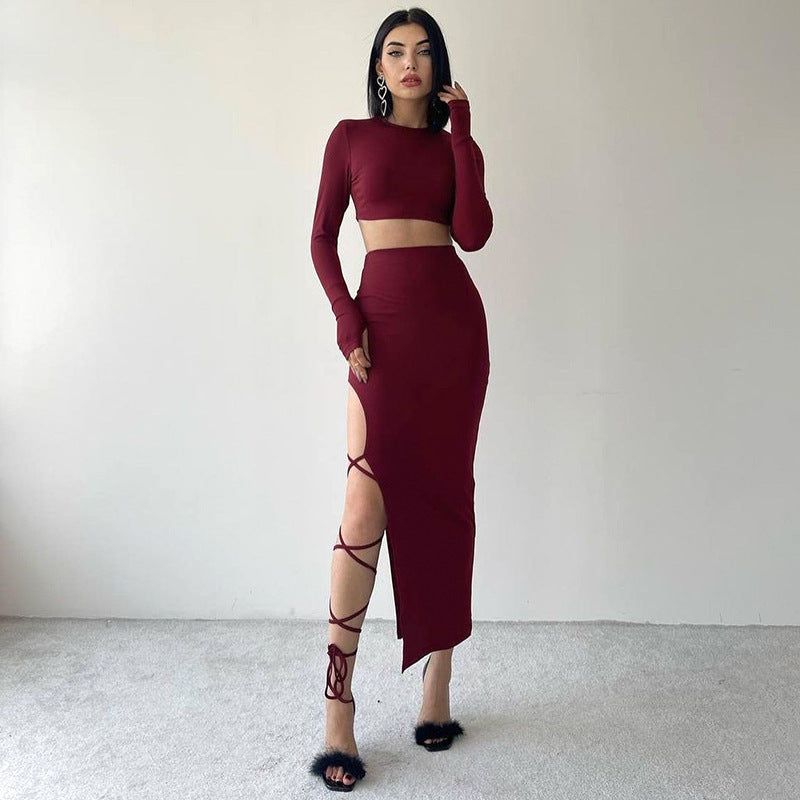 Dame elegant langærmet top med høj talje og sideløst cut-out Skovae