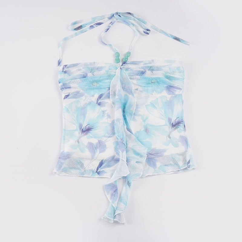 Dame Spaghetti-top med blomsterindsatser og transparente flæser Skovae
