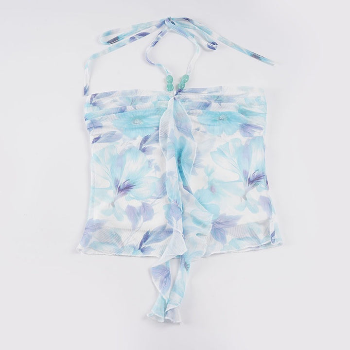Dame Spaghetti-top med blomsterindsatser og transparente flæser Skovae