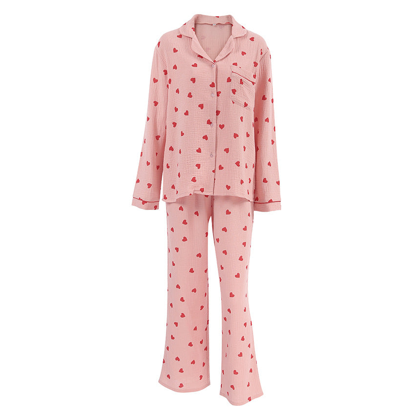 Dame pajamasæt med hjerteprint og elegant knude bluse Stilla