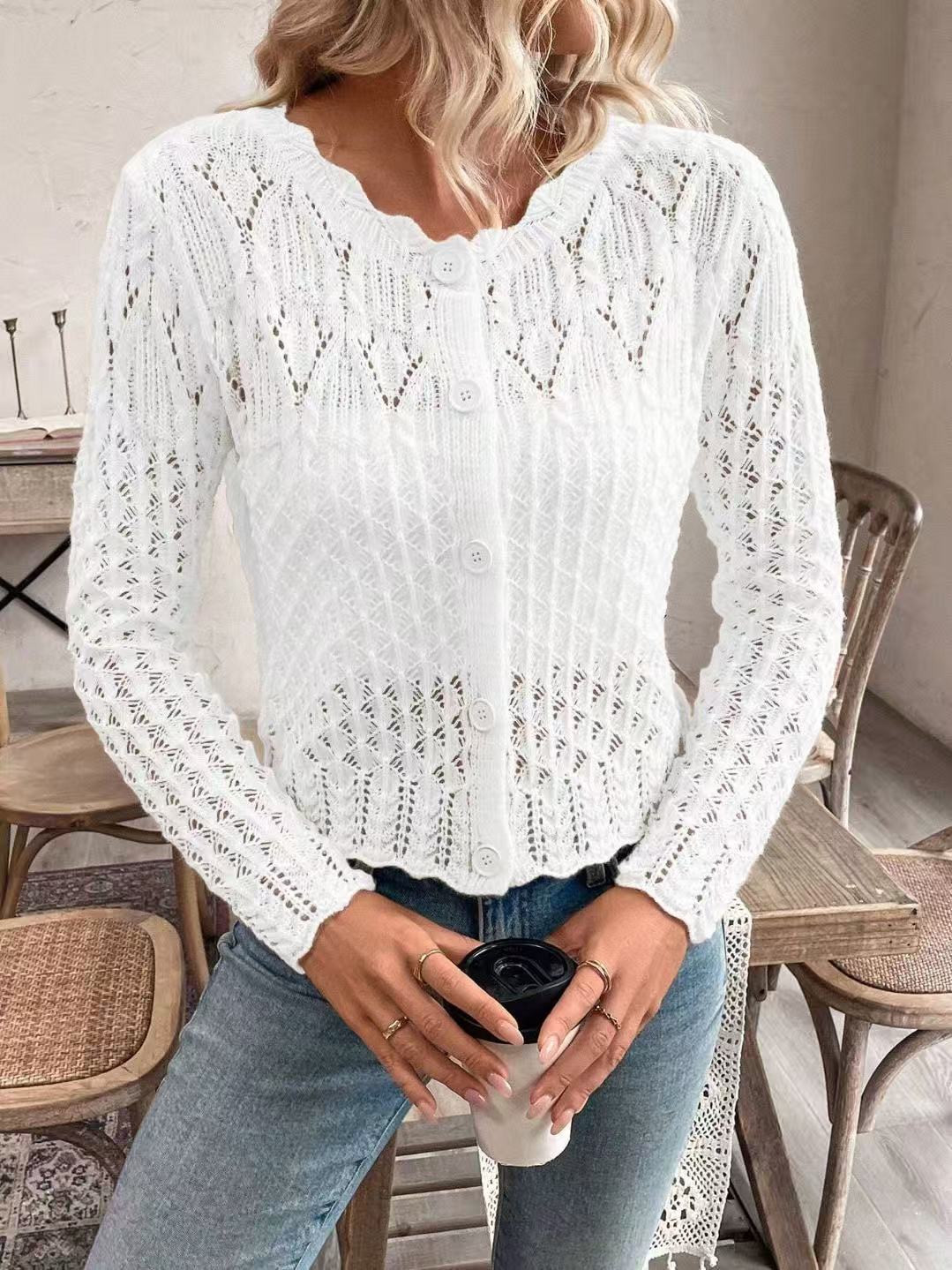 Kvinders cardigan med unik hæklet struktur og knapfri design Stilla