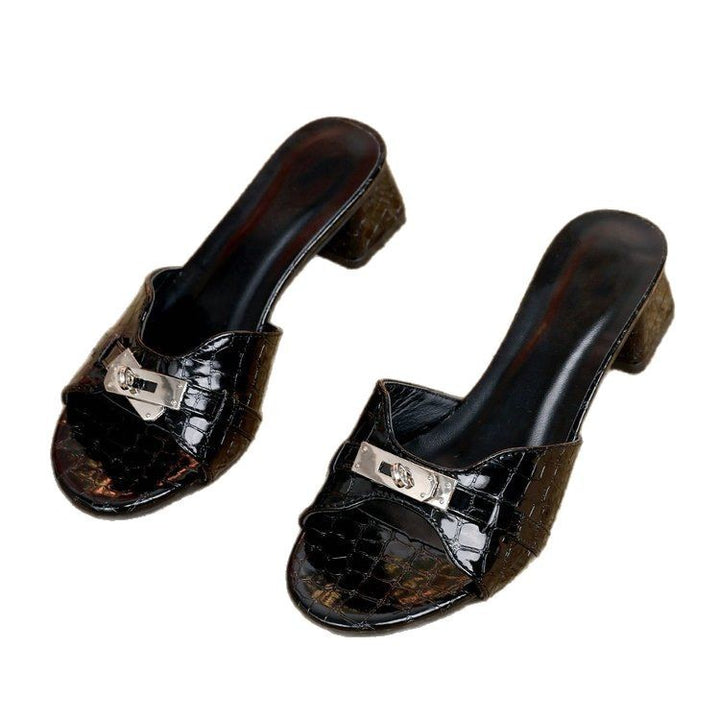 Dame elegante mules med dekorativt smykke og komfortabel klods hæl Stilla