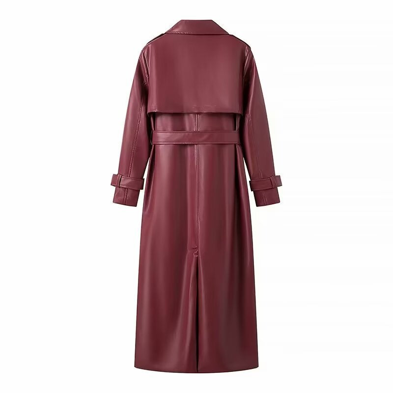 Dame elegant trenchcoat i kunstlæder med taljebælte Stilla