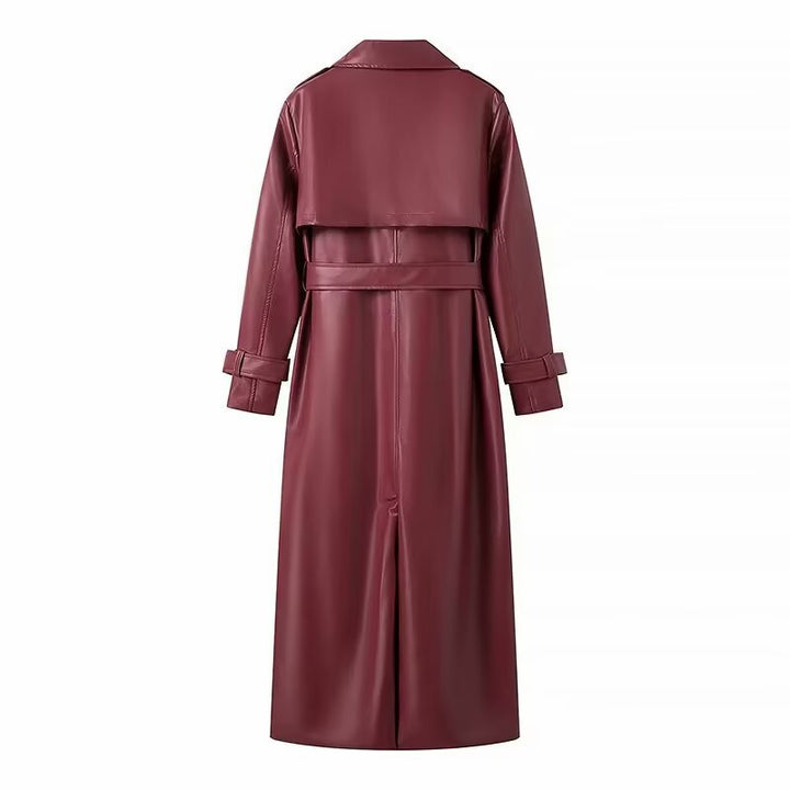 Dame elegant trenchcoat i kunstlæder med taljebælte Stilla