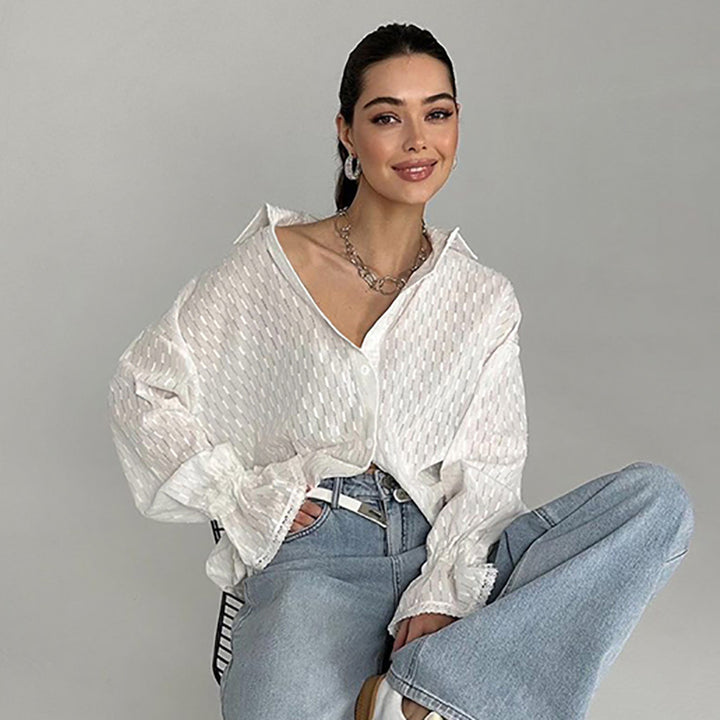 Damer Elegant Bluse med transparente stoffer detaljer og rynker Stilla