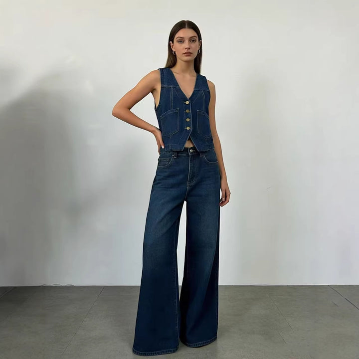 Dame casual denim vest med knapdetaljer og påsyede lommer Skovae