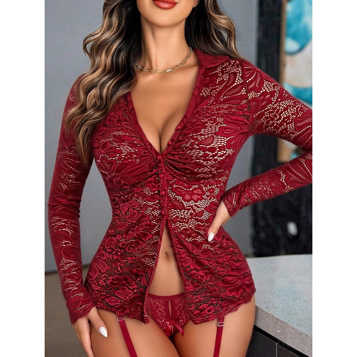 Damen Transparente Spitzenbluse mit knöpfbarem Ausschnitt und langem Arm Skovae
