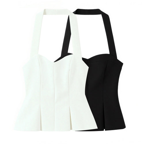 Dame smart Bustier-bluse med figursyet silhuet og dekorativ halterneck Skovae