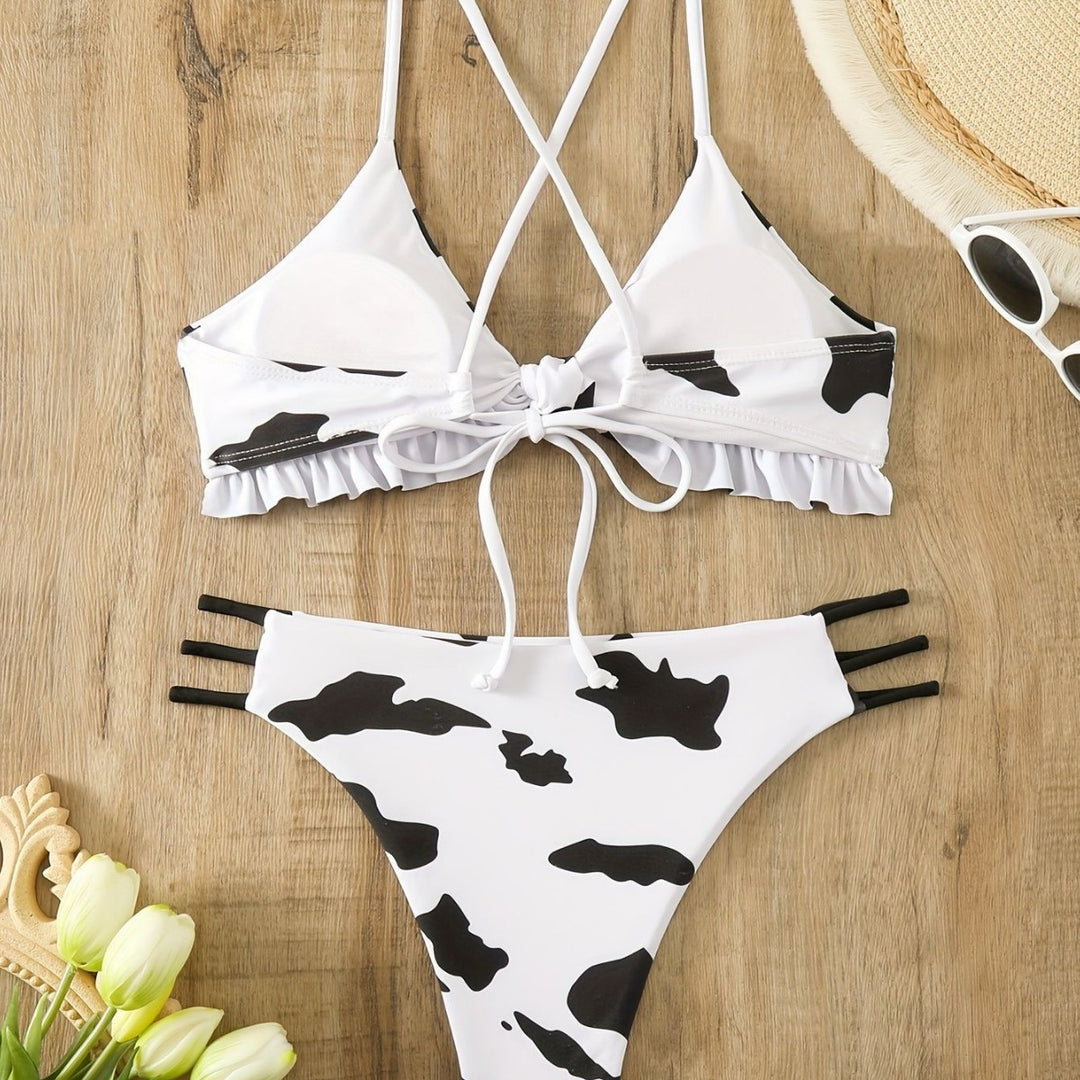 Dame triangel-bikini med frynse-detail og legende kødemønster Skovae