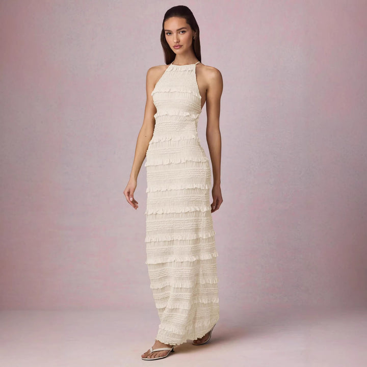 Dame maxi kjole med franges design og elegant halterneck Skovae