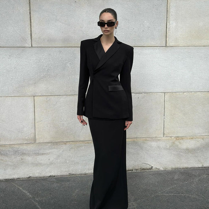 Dame elegant Blazer & Nederdel Sæt med luksuriøs Satin kant Stilla