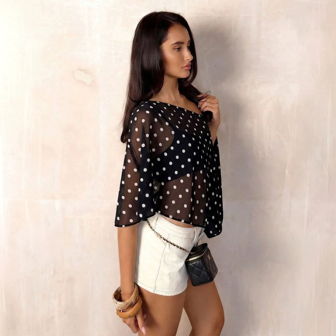 Dame nan ensidig off-shoulder chiffon-top med prik-mesh, mavefri skæring og asymmetrisk kant Skovae
