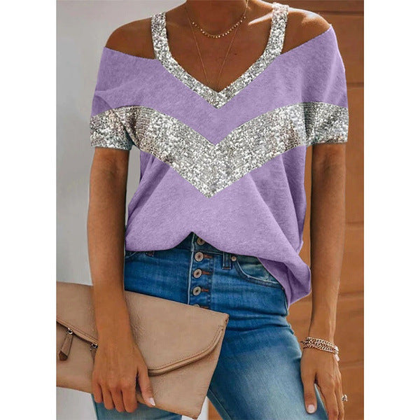 Dame V-hals Pailletter Akcent Fritidsbluse Stilla