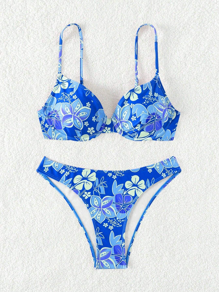 Dame polstret trekant-bikini med blomstermotiv og justerbare stropper Skovae