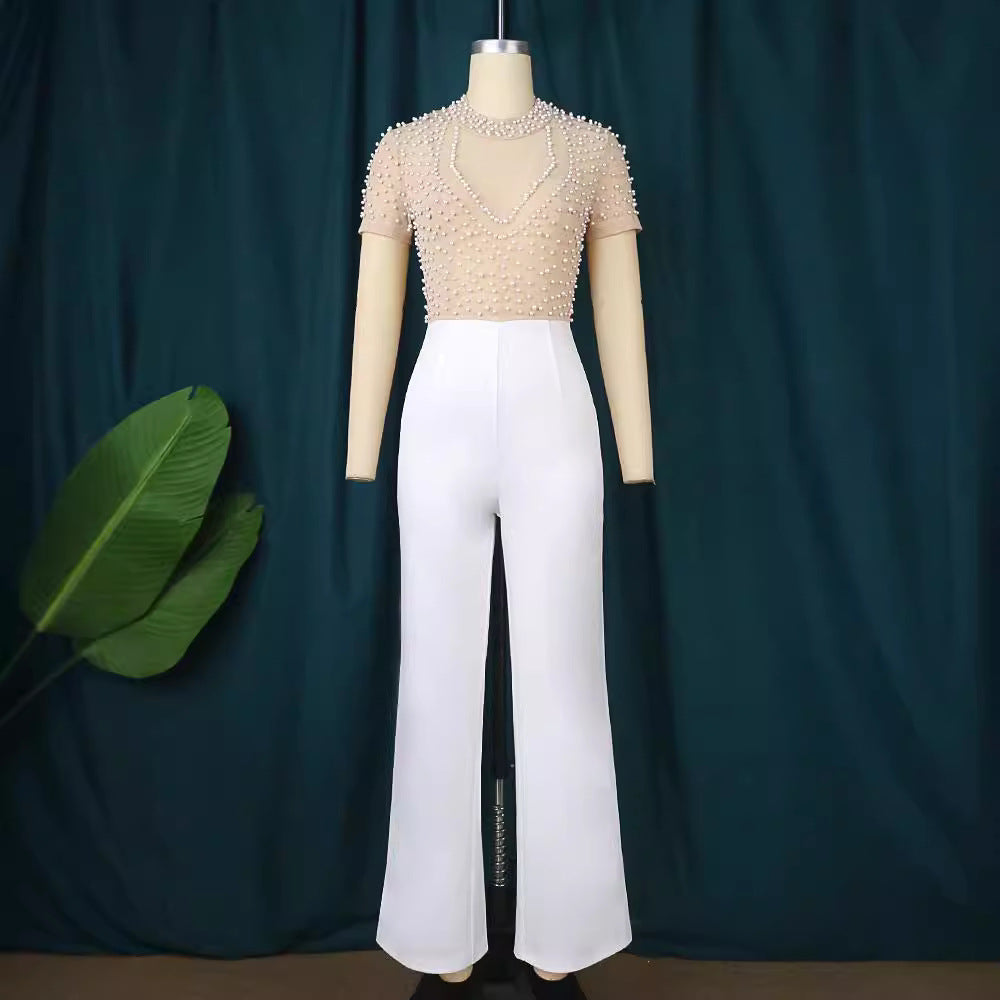 Dame elegant jumpsuit med glitrende perlebesætning Skovae