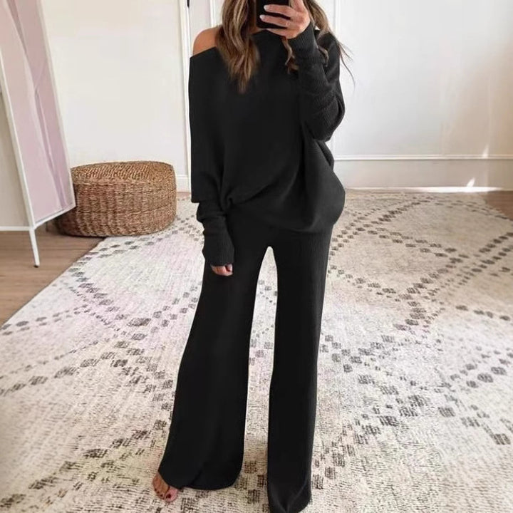 Kvinders afslappede strik loungewear sæt med løstsiddende pasform og off-shoulder top Stilla