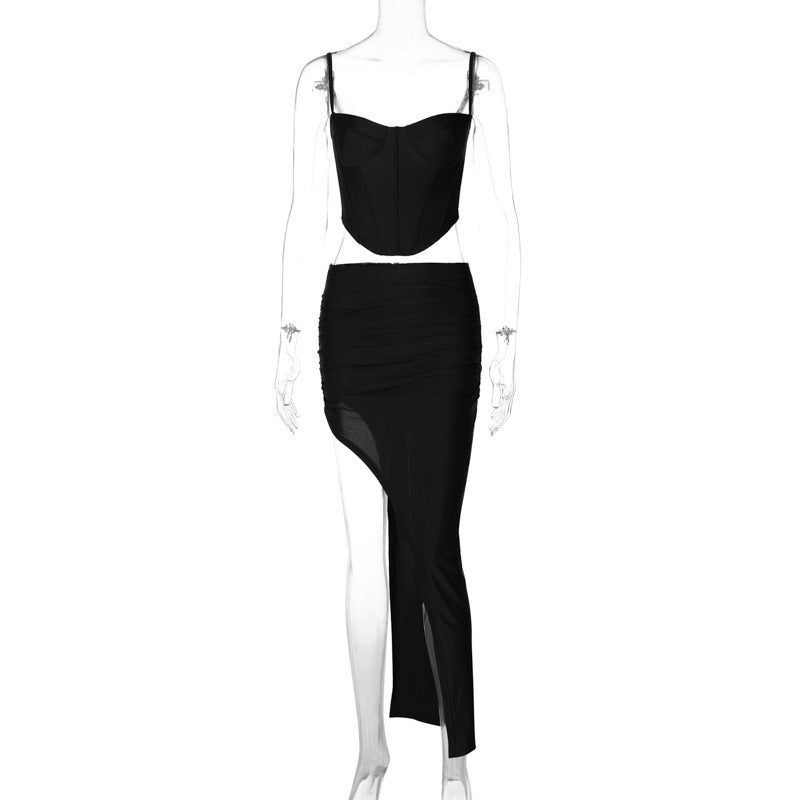 Dame Crop-Top og højt siddende nederdel med asymmetrisk snit og draperinger Stilla