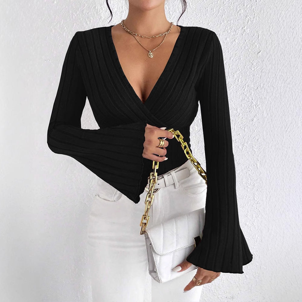 Dame elegant wrap top med rib strik og snoet design Skovae