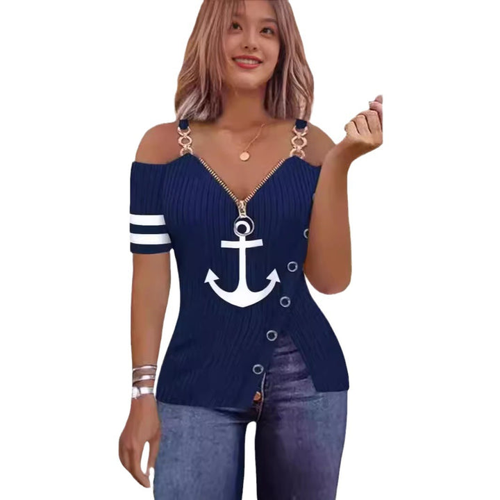 Dame Off-Shoulder Top med maritimt motiv og dekorative knapper Skovae