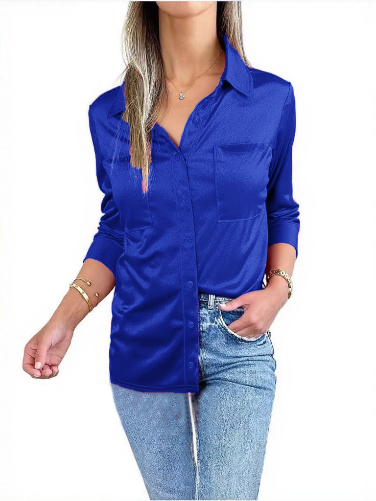 Dame elegant satinbluse med brystlomme og gennemgående knaplukning Stilla