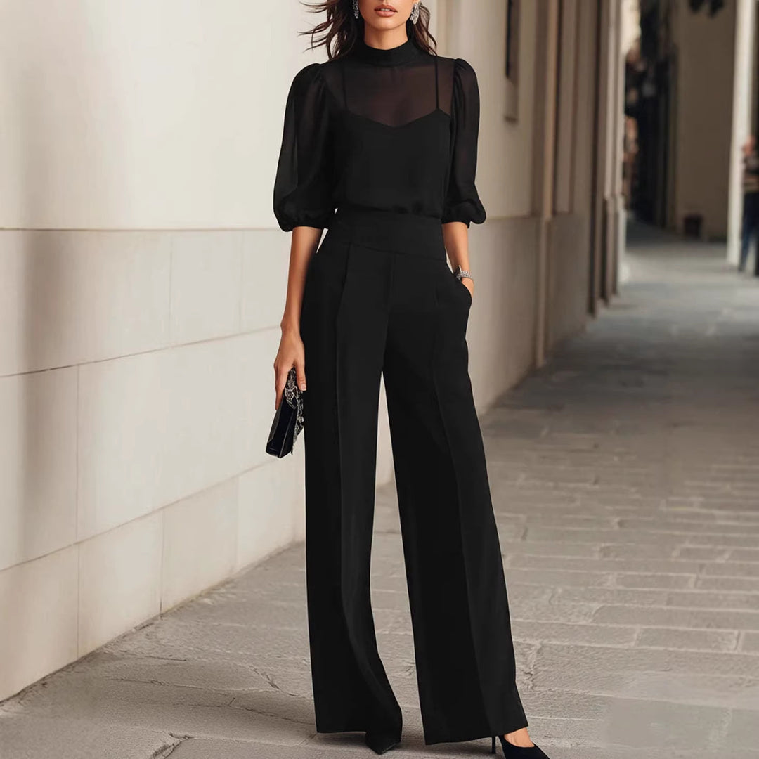 Damer elegant bluse sæt med brede ben og transparente ærmer Skovae