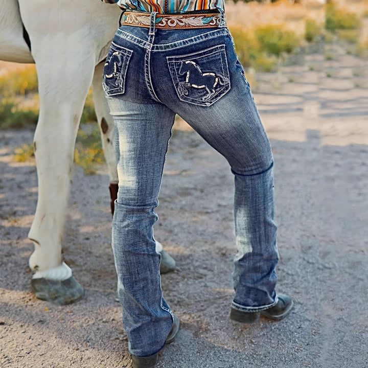 Dame jeans i western-stil med detaljeret hest-applikation Stilla