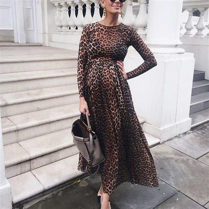 Dame Trendy Maxikjole med gennemsigtigt leopardmønster og elegant taljebind Stilla
