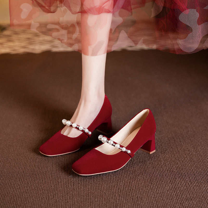 Femme Kvadrat-Absatz-Mary Jane-Pumps med Perleaccent Stilla