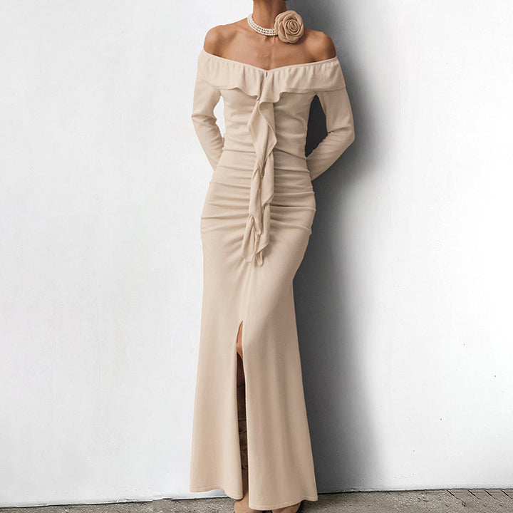 Dame Off-Shoulder Maxikjole med elegant flæse-design og sidel cirkel Stilla