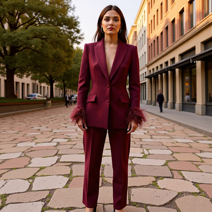 Dame Mode Blazer Jakke med iøjnefaldende Fjer Trim Stilla