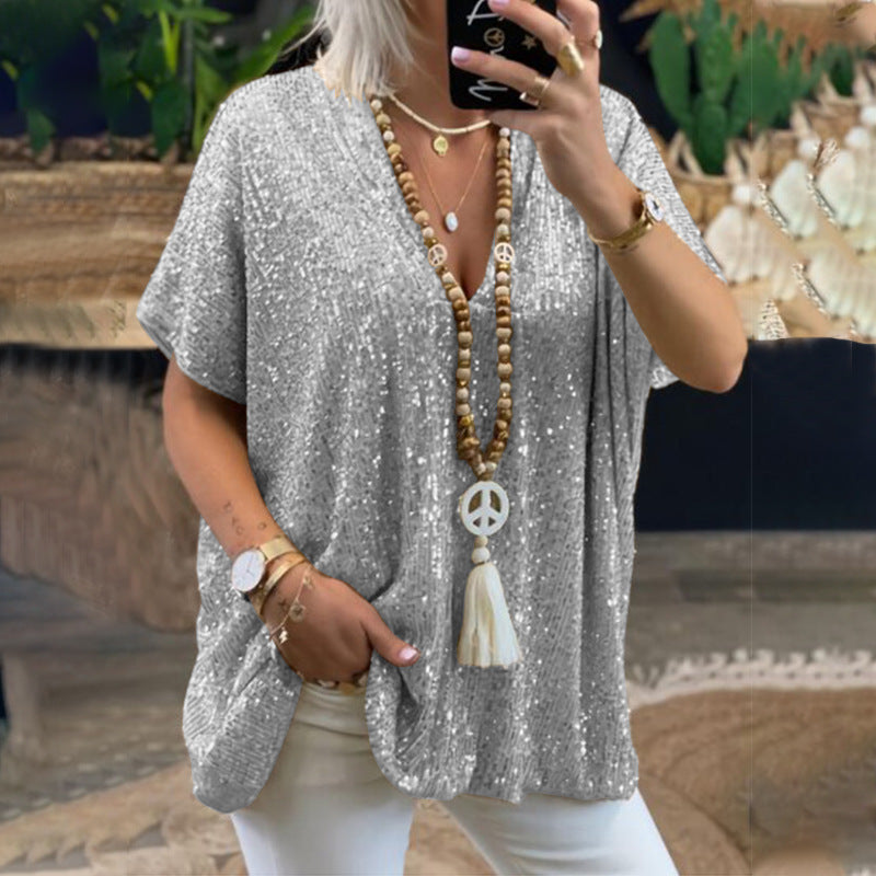 Dame Pailletter V-Udskæring Oversized Top Stilla