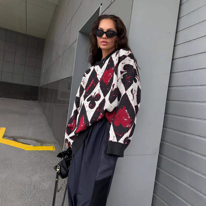 Dame oversized strik sweater med geometrisk mønster og flydende ærmer Stilla