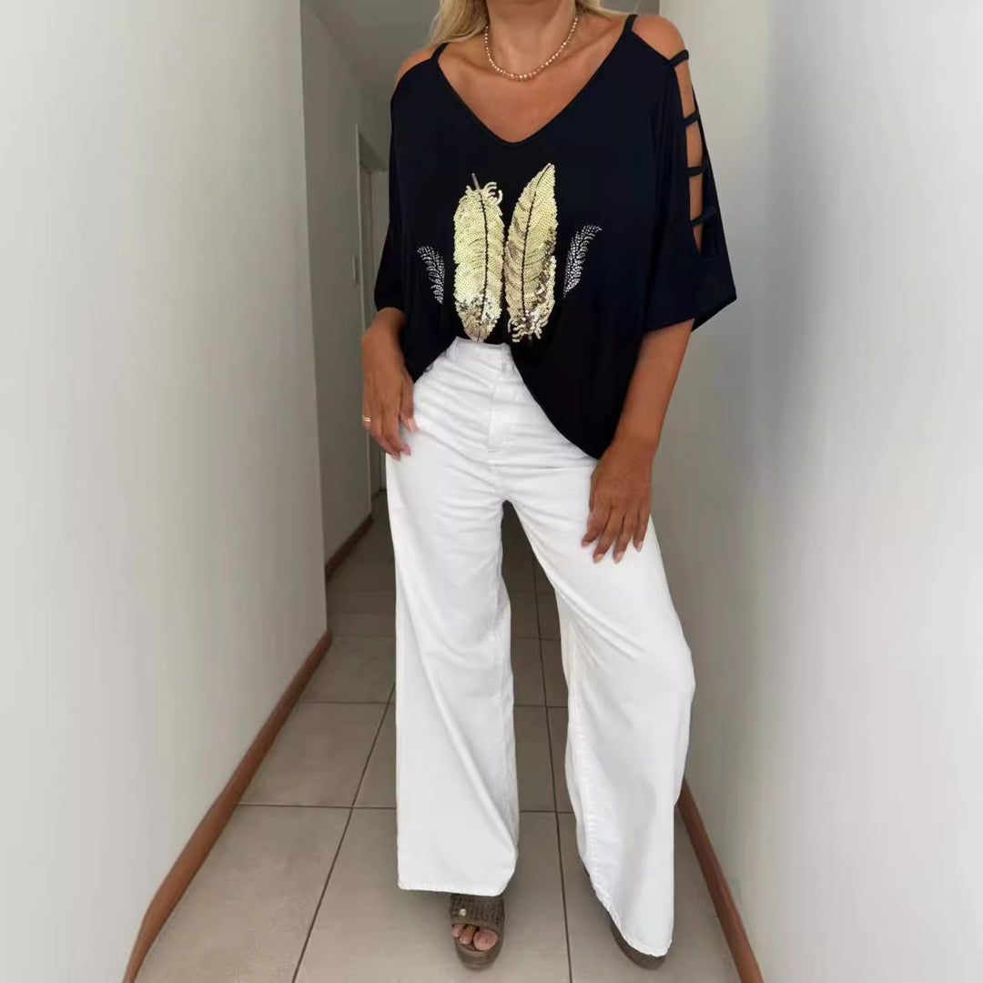 Dame Lækkert top medFashion fjer motiv Stilla