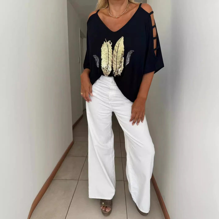Dame Lækkert top medFashion fjer motiv Stilla