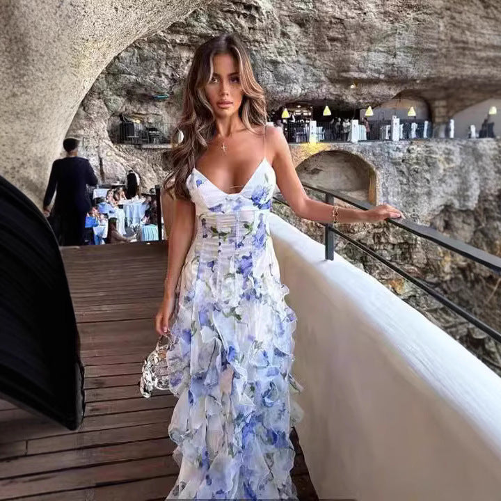 Dame Flydende Chiffon Maxi Kjole med Flæse Detaljer og Blomstrede Accenter Skovae
