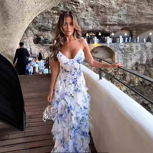 Dame Flydende Chiffon Maxi Kjole med Flæse Detaljer og Blomstrede Accenter Skovae